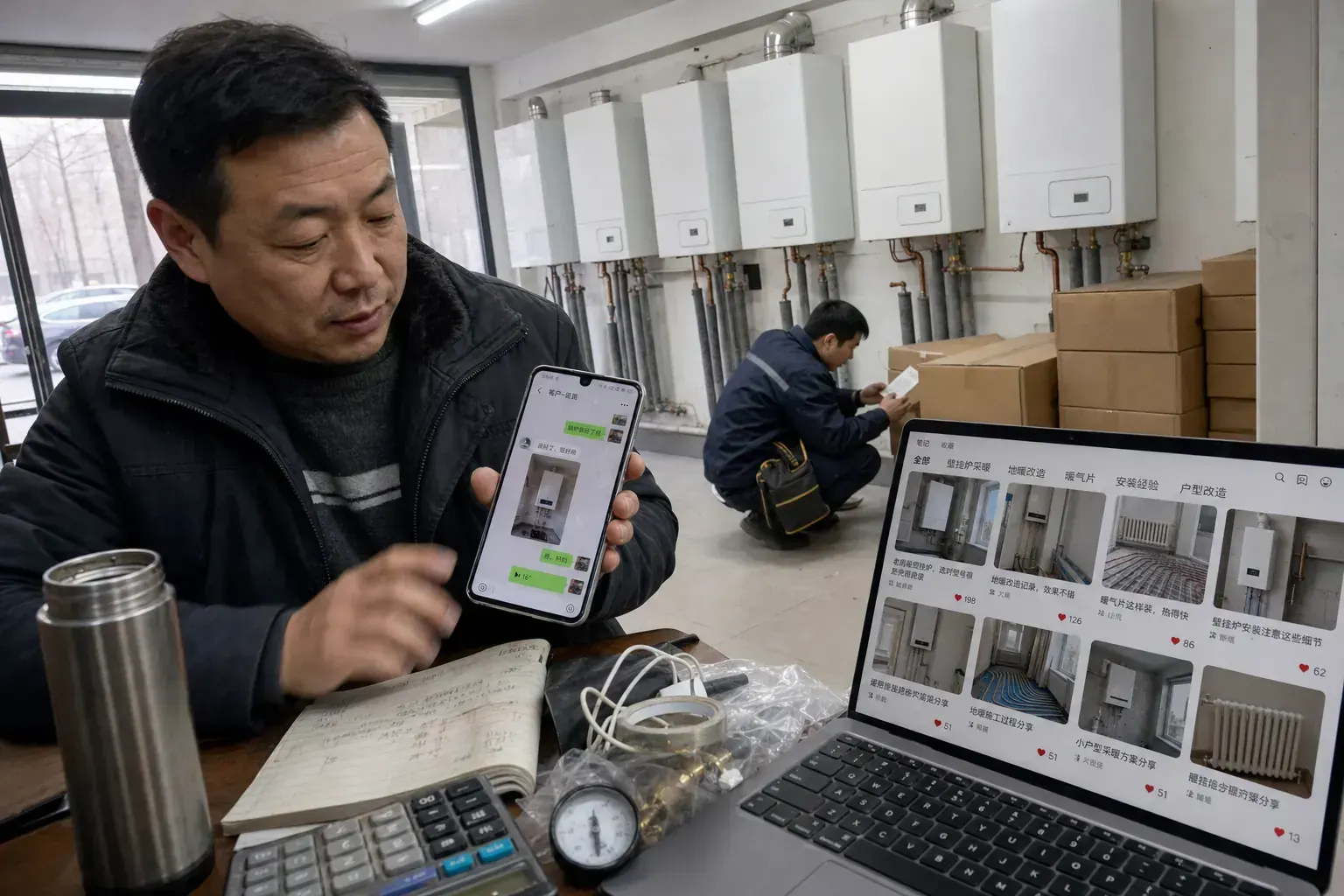 A heating dealer in a Shenyang showroom holds up a customer’s WeChat chat, a RedNote page on home heating open on his laptop, while an installer checks boiler stock behind him.