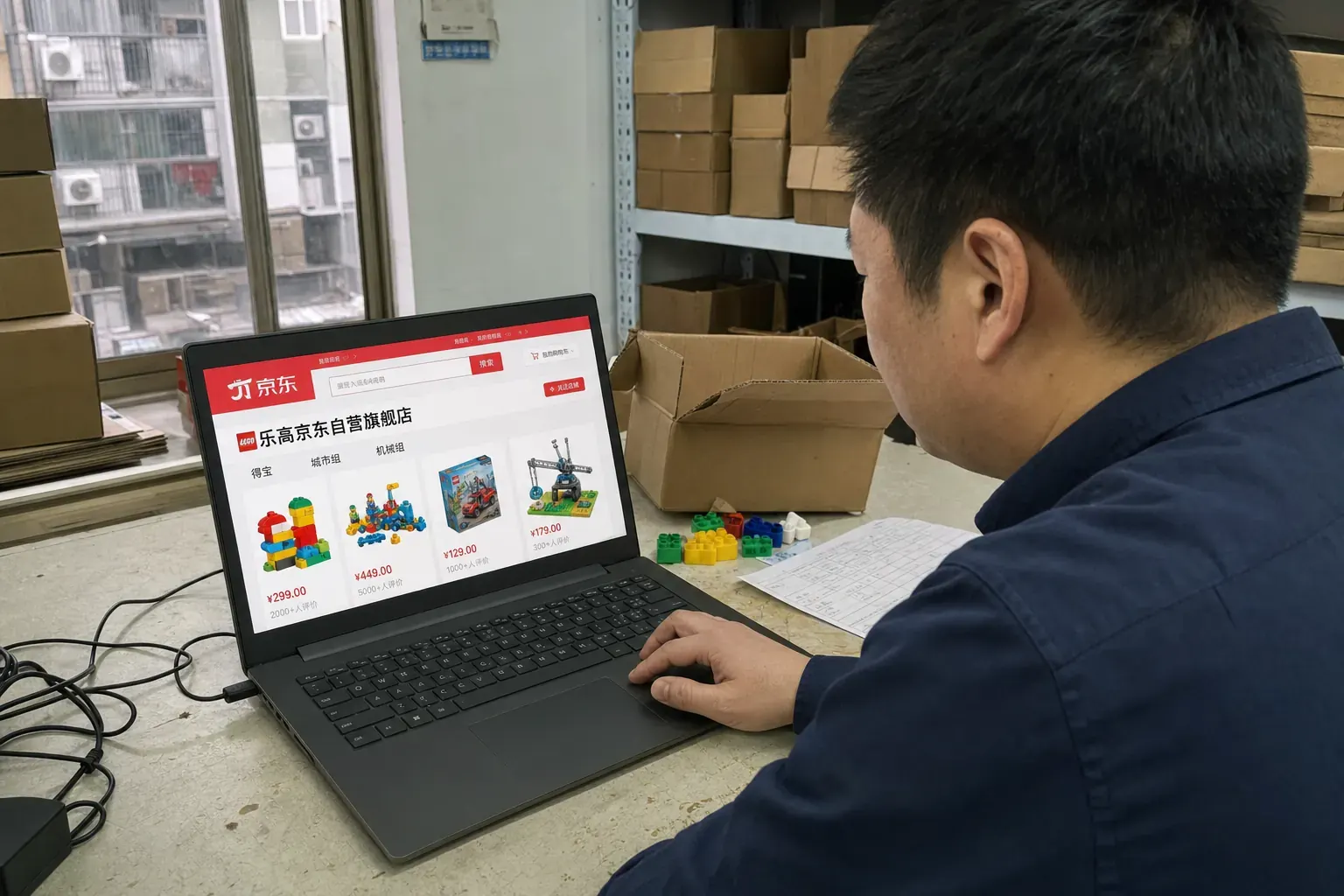 A Chinese toy buyer checks a JD storefront on a laptop in a Ningbo stockroom.