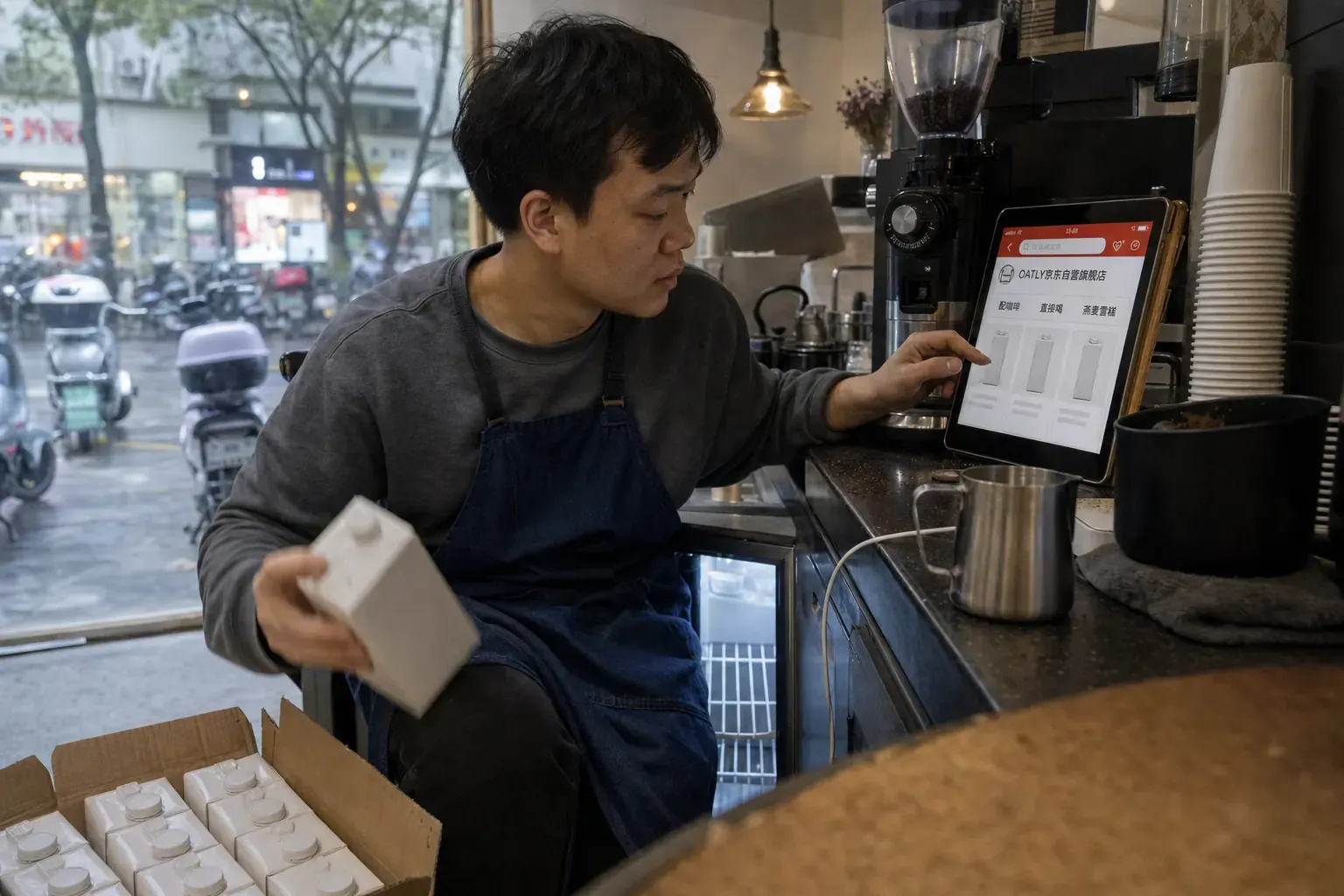 A Chinese cafe owner in Hangzhou checks a JD oat milk storefront on a tablet while restocking plain cartons behind the counter.