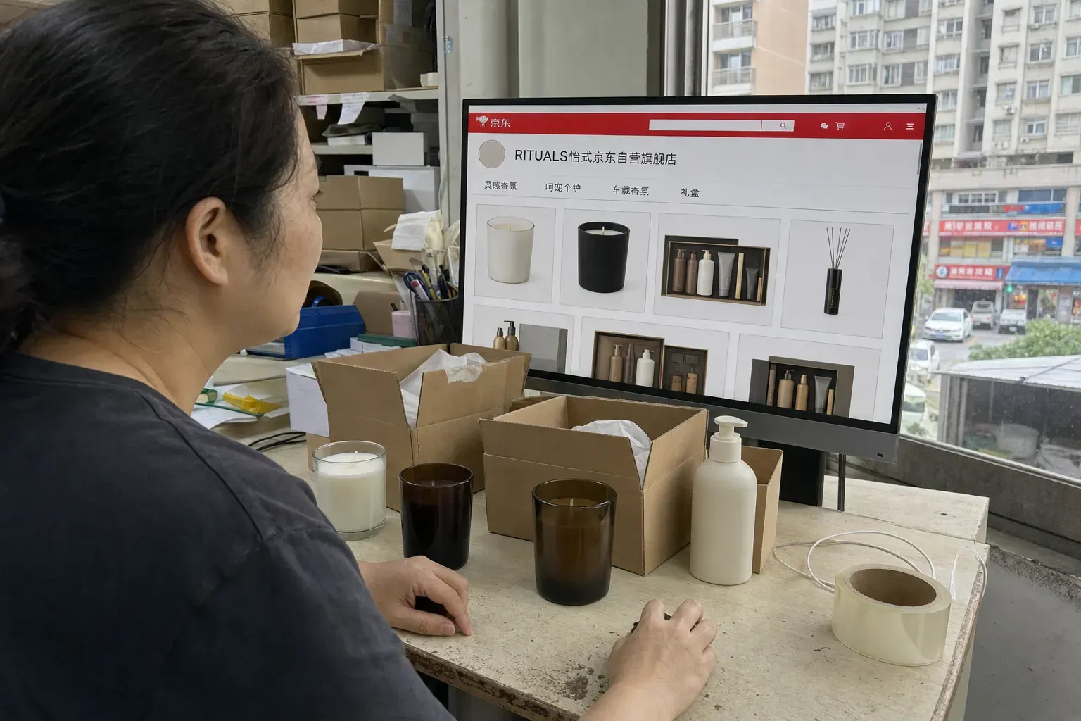 A Chinese fragrance buyer checks a JD storefront beside unpacked gift boxes in a Shenzhen office.