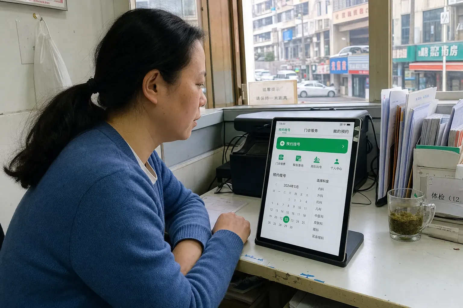 A clinic administrator in Wuhan reviews a Chinese WeChat appointment page on a tablet at a worn reception desk.