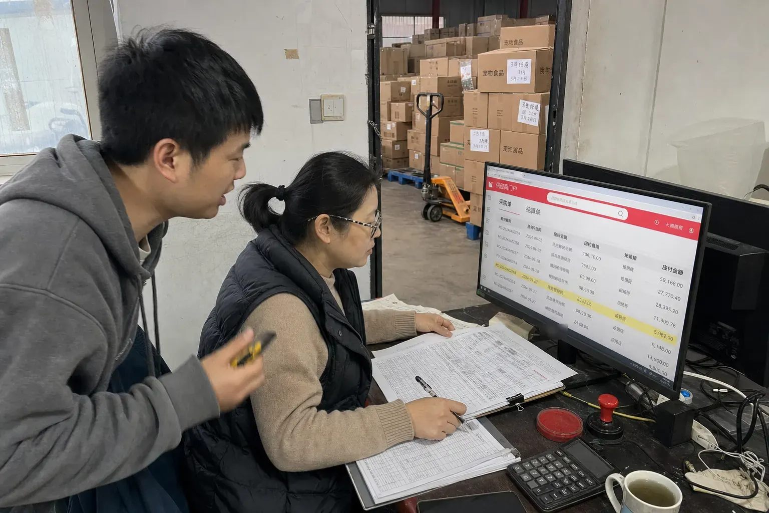 In a distributor's back office in Wuhan, a finance clerk checks a JD-style supplier portal against a printed settlement sheet while a warehouse colleague leans in, cartons of pet food stacked behind them.