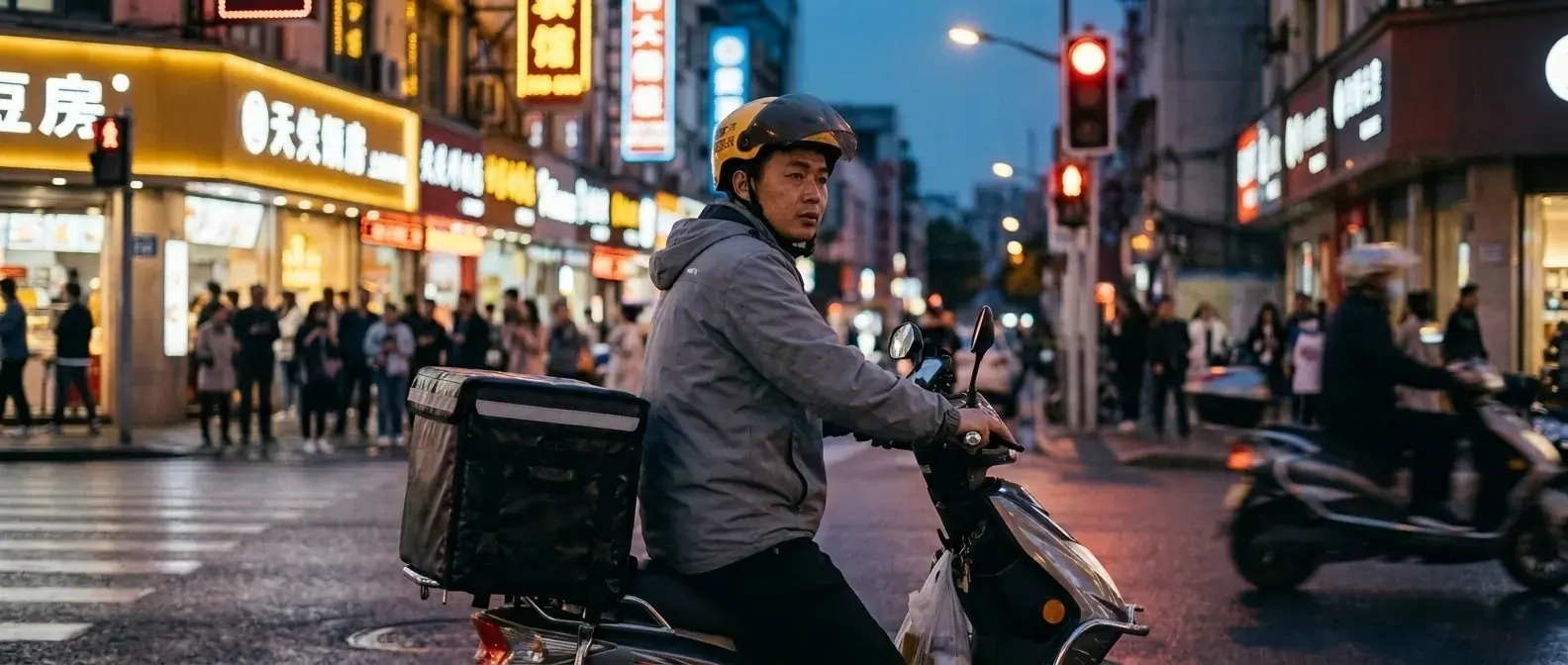 A Meituan delivery rider on an electric scooter waits at a Shanghai crosswalk at dusk, insulated bag on the back