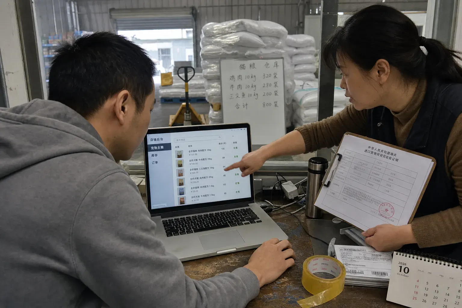 Two warehouse staff at a pet food importer in Chongqing check a Chinese online pet store back office on a laptop, pallets of pet food sacks behind the glass.