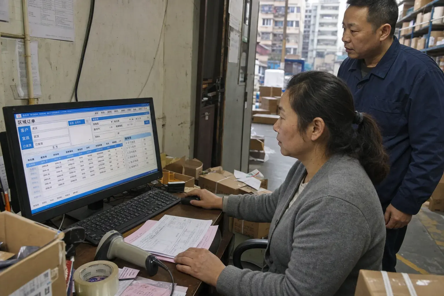 Two Chinese distribution staff review regional orders on a warehouse computer in Wuhan.