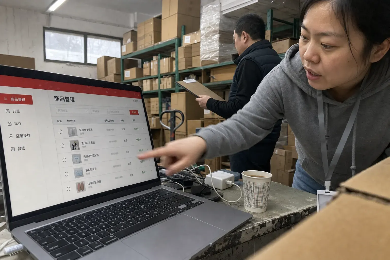 In a Wuhan distributor's stockroom, a staff member points at a Chinese cross-border merchant backend on a laptop while a colleague checks stock shelves behind her.