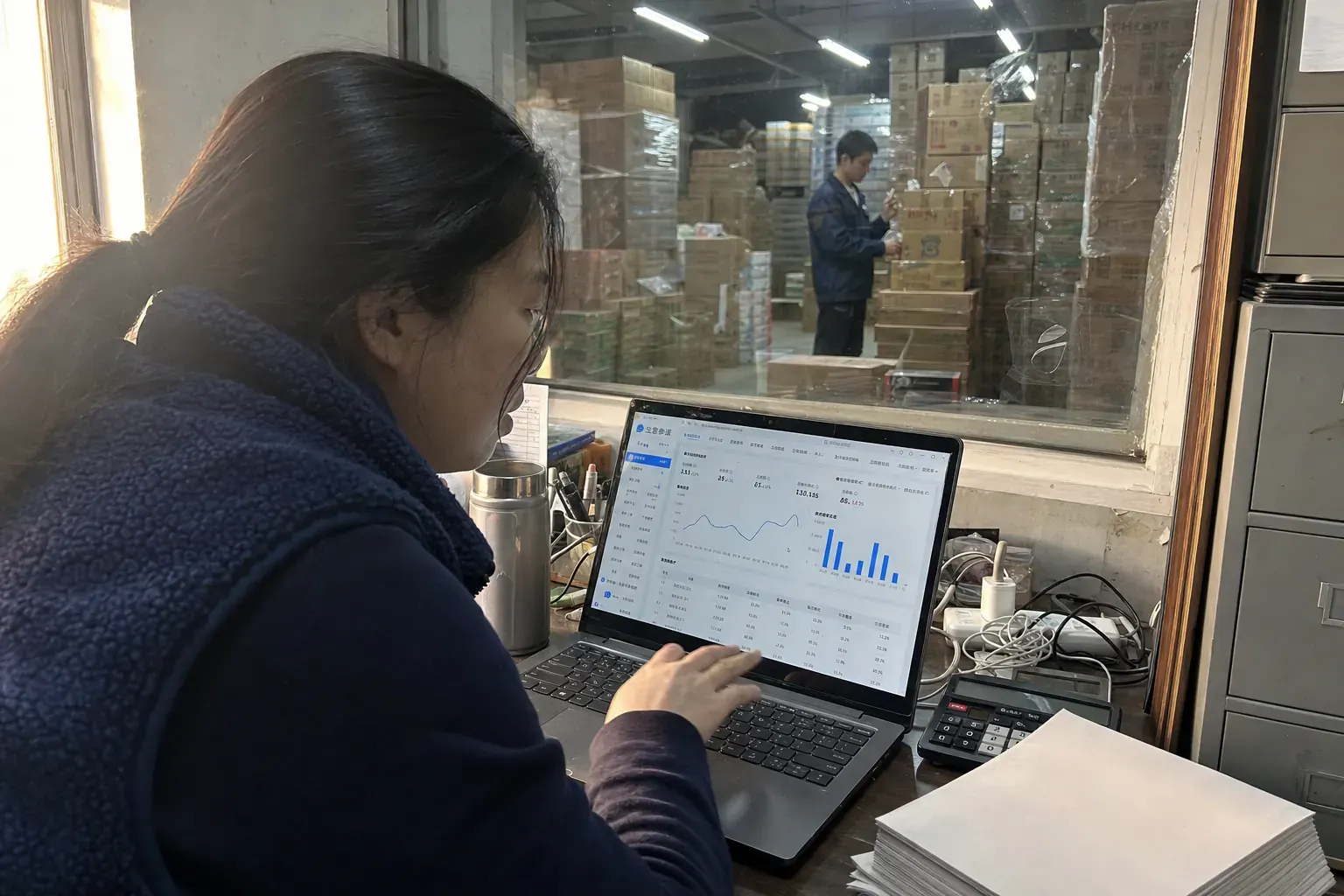 A distributor's office worker in Wuhan checks stock and sales charts on a Tmall merchant dashboard while a colleague counts cartons in the warehouse behind her