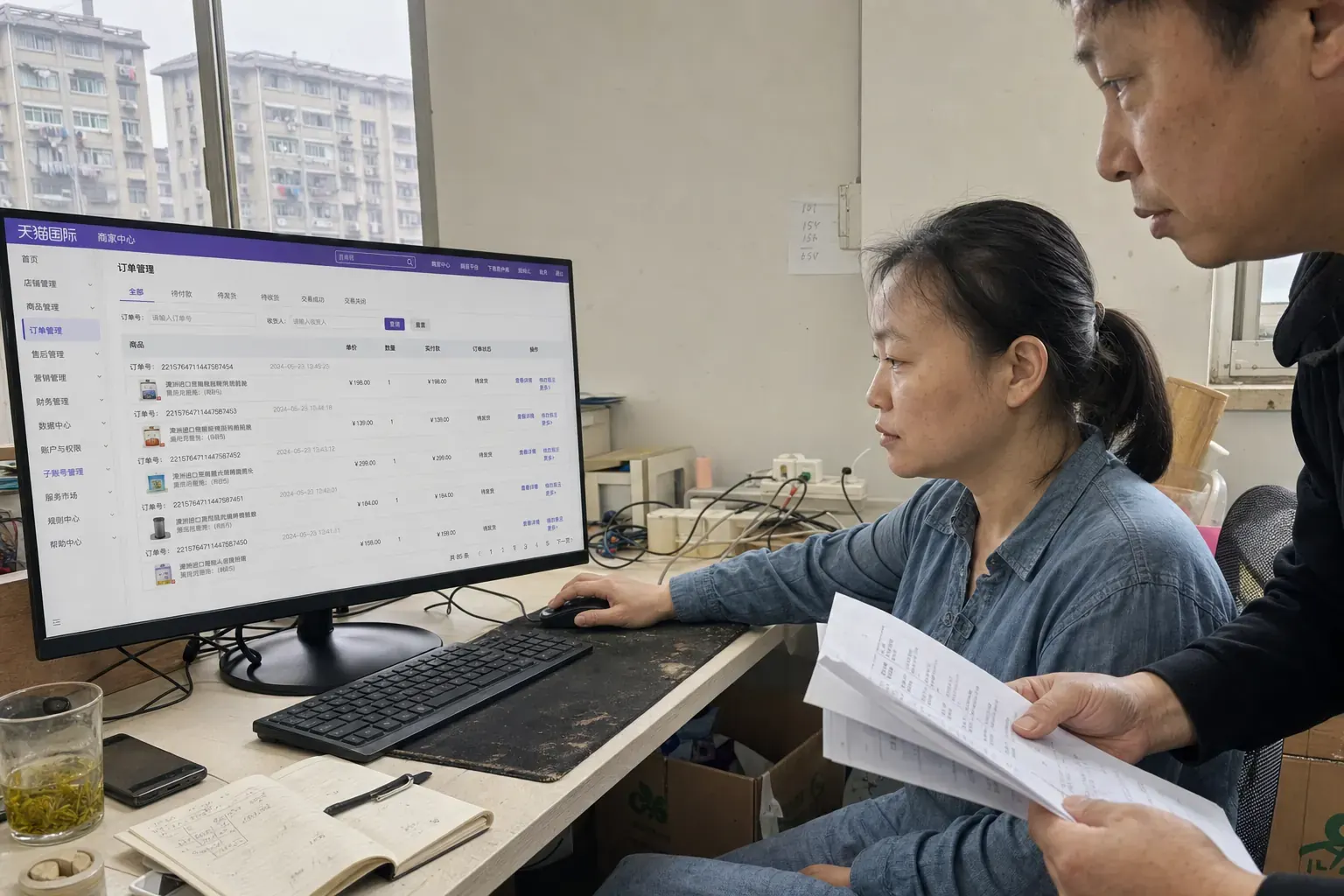 Two coworkers in a Suzhou office review orders on a Chinese Tmall Global screen beside a worn desk mat and tangled cables.