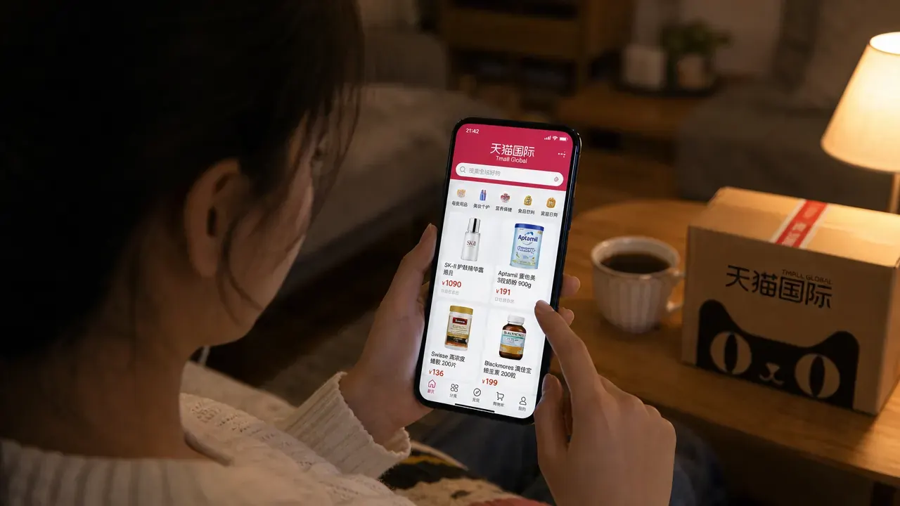 Shopper browsing imported brands on the Tmall Global app at home