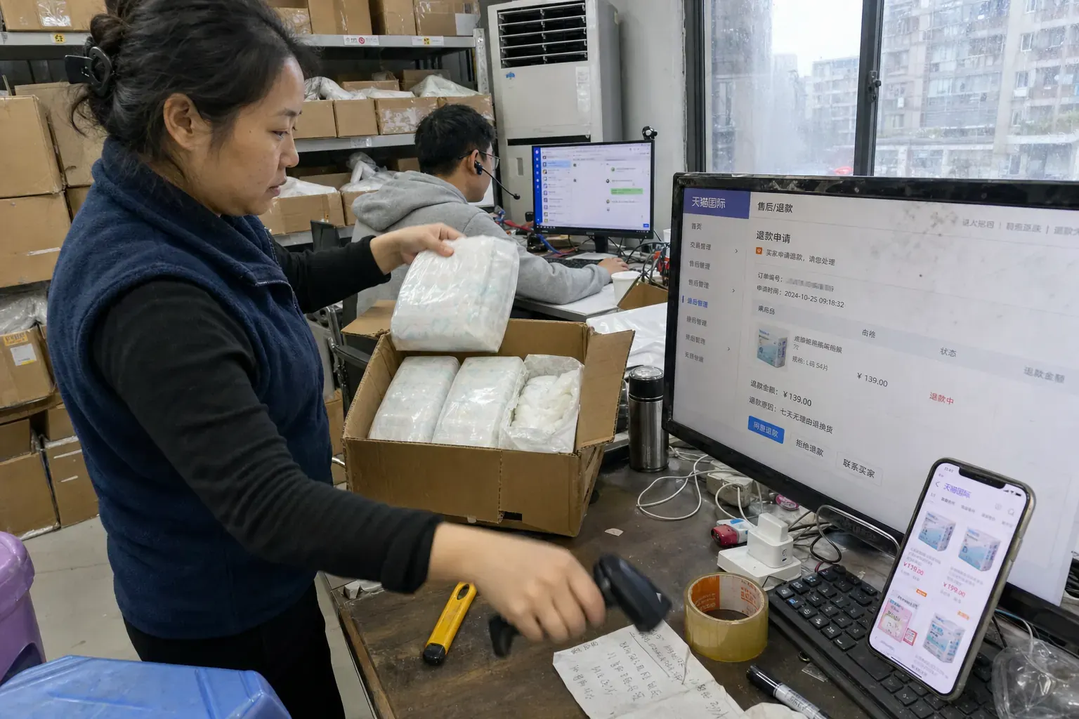 In a cross-border seller’s back office in Wuhan, a woman lifts a sealed diaper pack from a returned carton beside a monitor showing a Tmall Global refund request