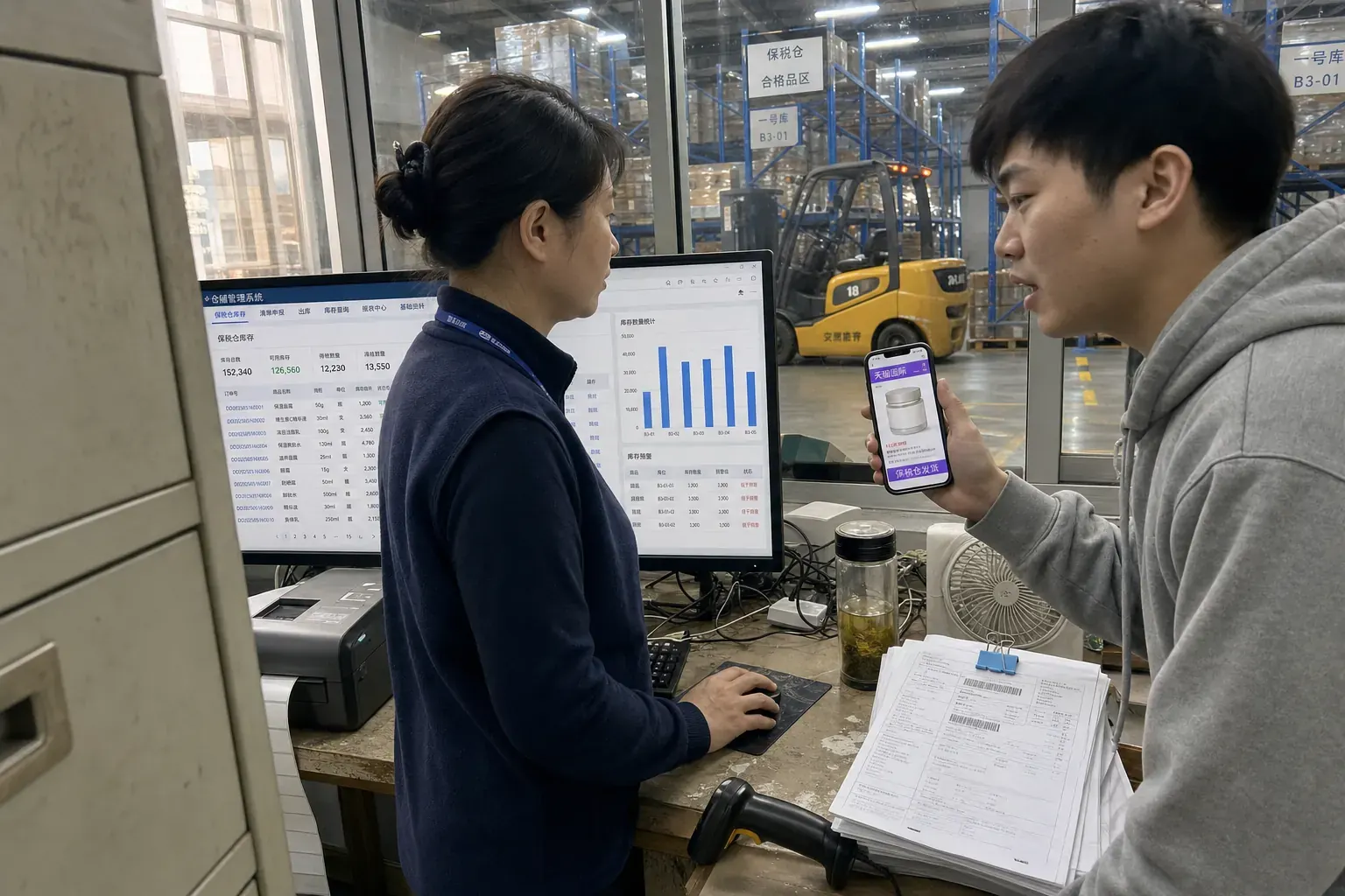 In a Ningbo bonded warehouse office, a woman checks a stock dashboard while a colleague holds up a phone showing a Tmall Global product page marked for bonded shipping.