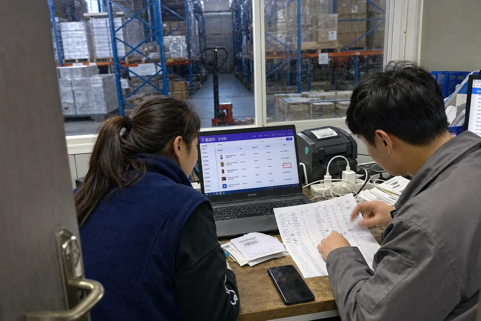 Two staff in a Ningbo bonded-zone warehouse office check a Tmall Global store backend and a printed price sheet, with pallets of imported goods behind the glass