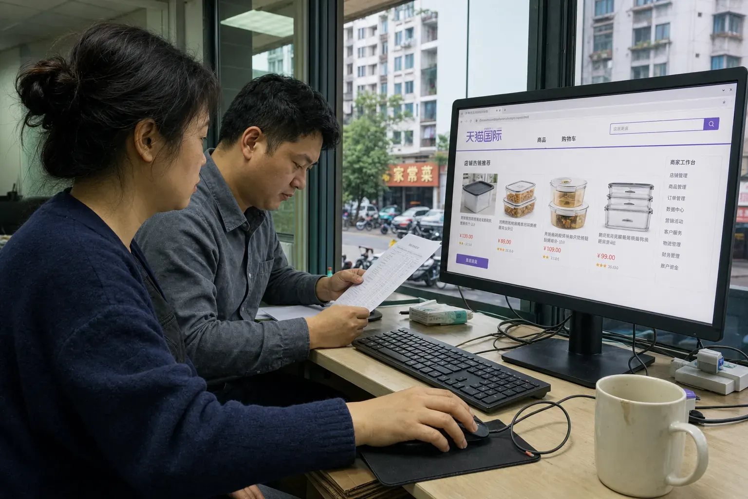 Chinese store operators review a Tmall Global storefront on a monitor in a Hangzhou office.