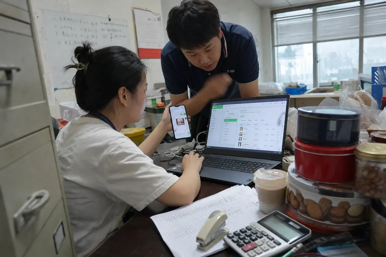 Two staff in an imported-goods distributor's office in Changsha check a WeChat Store promotion page on a laptop and a product card on a phone, among biscuit tins and printed spreadsheets