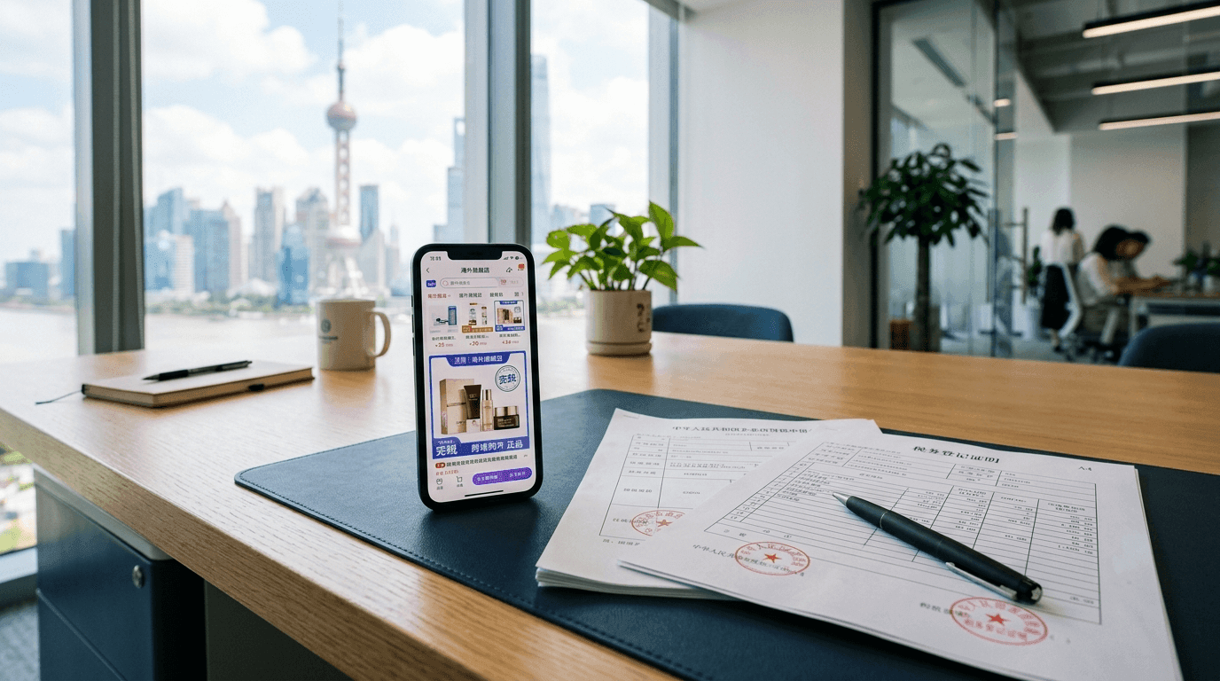 A Chinese e-commerce platform under regulatory review, with tax compliance documents on a desk