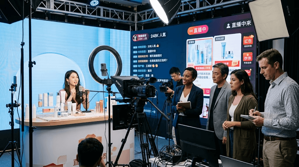 International executives on a learning expedition visiting a livestream studio in Shanghai