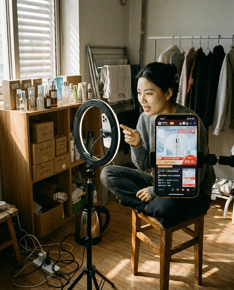 A Chinese livestream commerce host in a clean content studio with skincare products on a wooden shelf and a phone on a tripod