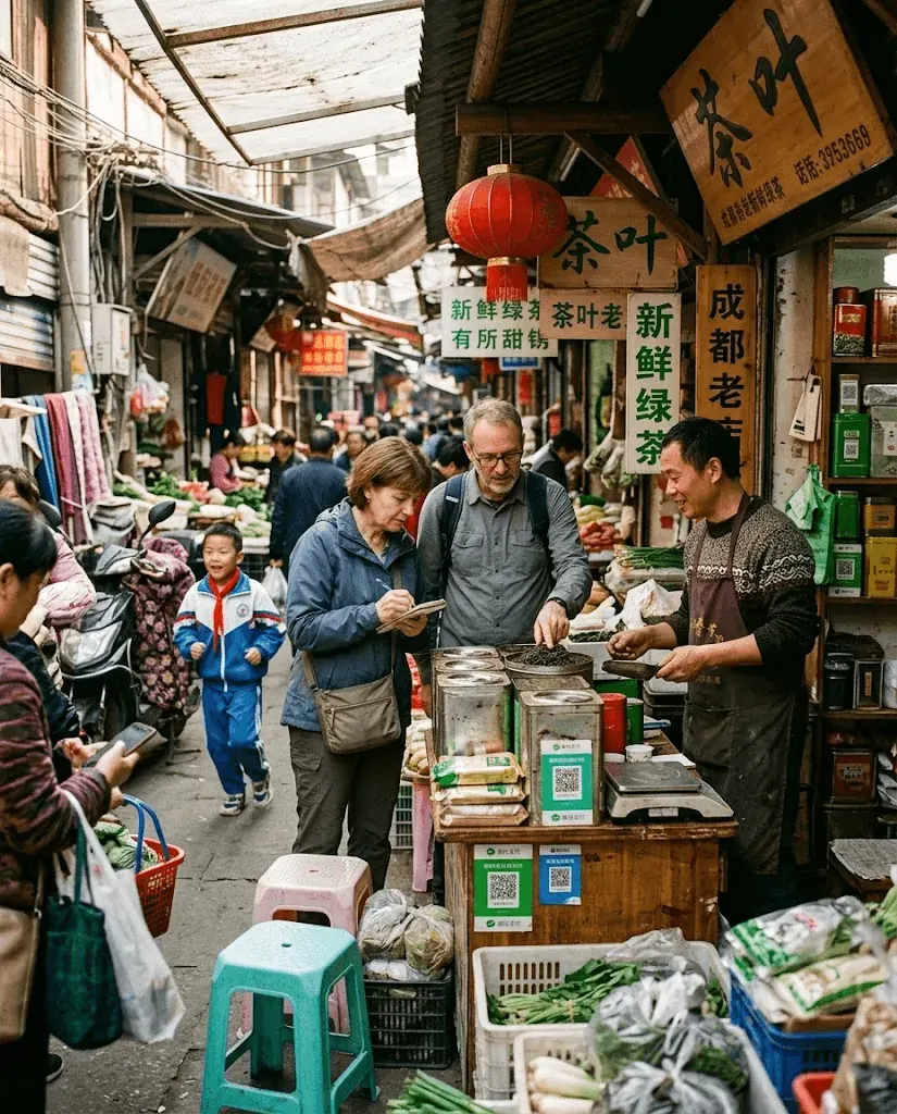 Two international executives walking through a quiet Chinese tea and design market in afternoon light