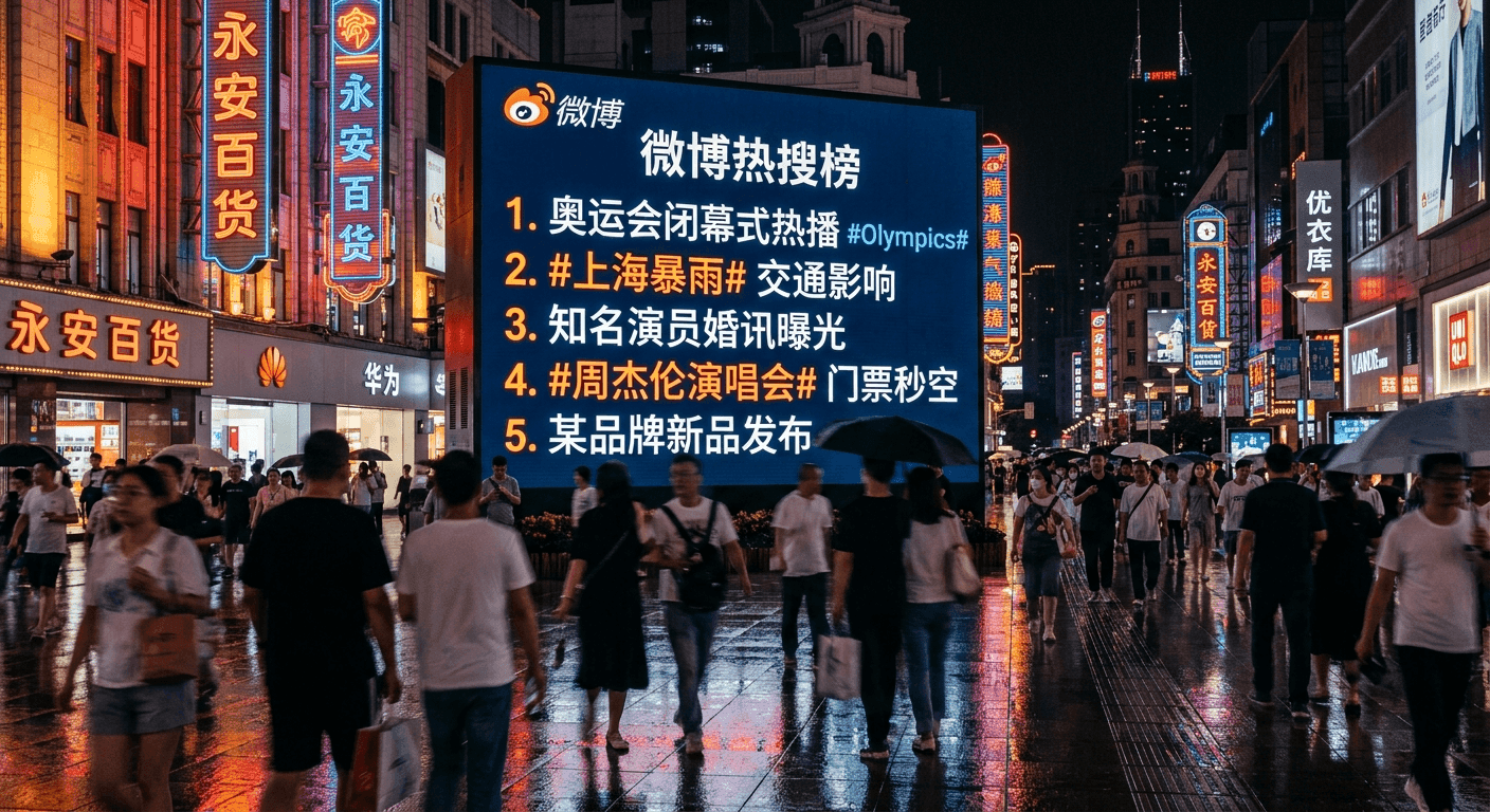 A Weibo trending-topics billboard glowing over shoppers on a wet Nanjing Road at night