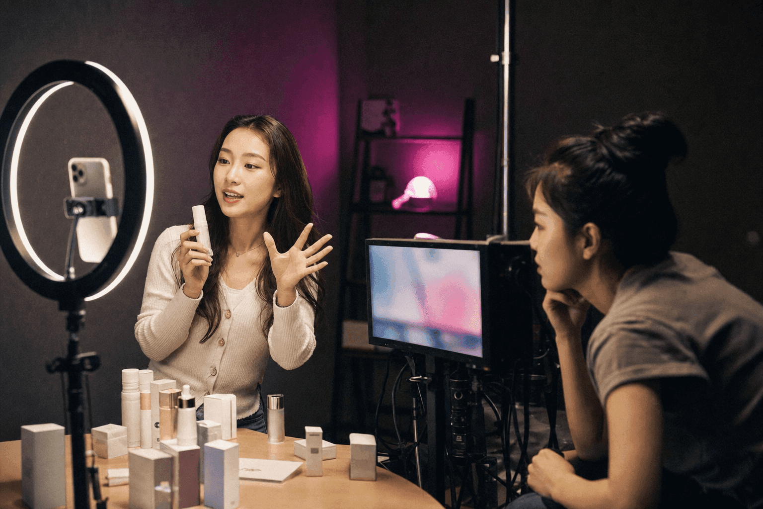 A Douyin host presenting a skincare product to camera in a ring-lit livestream studio