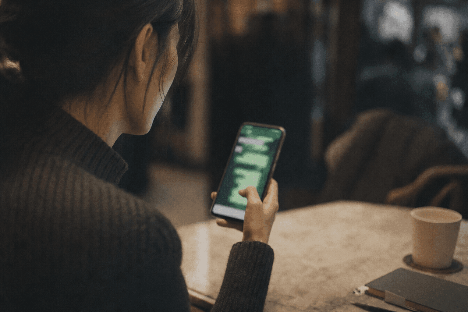 A woman reading a WeChat conversation on her phone in a Shanghai cafe