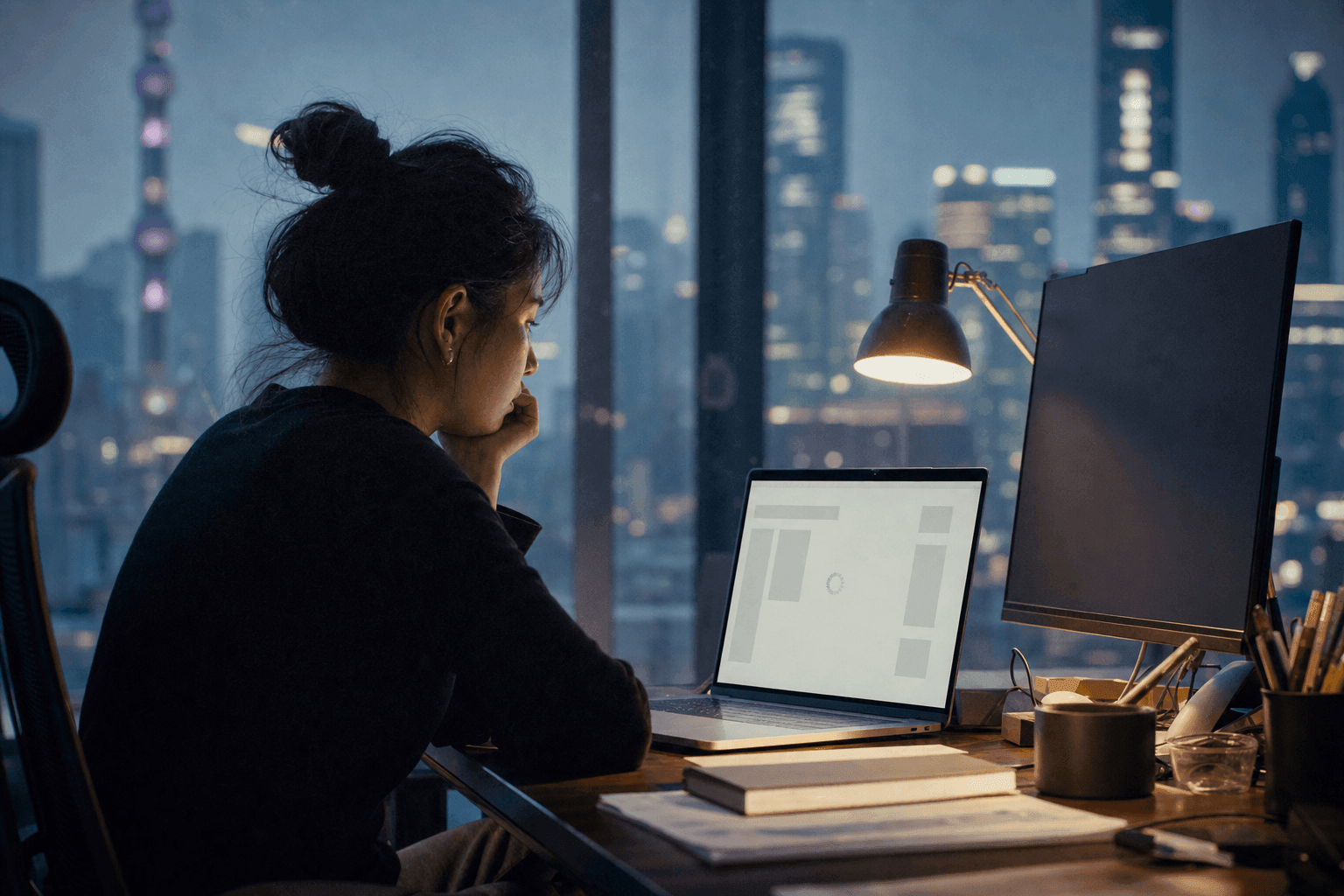 A marketing manager at a desk in Shanghai at dusk, waiting on a page that will not load